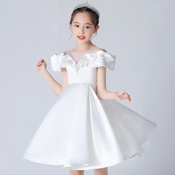 女童禮服兒童公主裙洋氣鋼琴演奏緞面小女孩主持人表演白色演出服