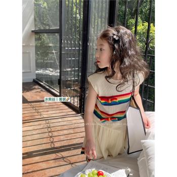 女童2023夏季新款韓版針織背心兩件套兒童寶寶夏裝洋氣網紅套裝