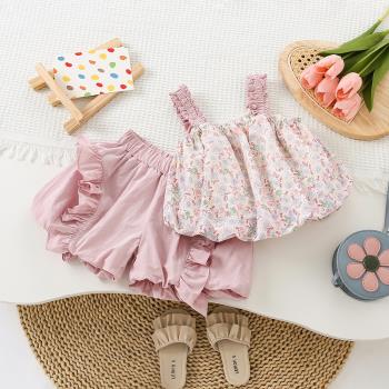 女童洋氣套裝夏季女寶寶粉色碎花吊帶花苞褲套裝夏季涼快兩件套