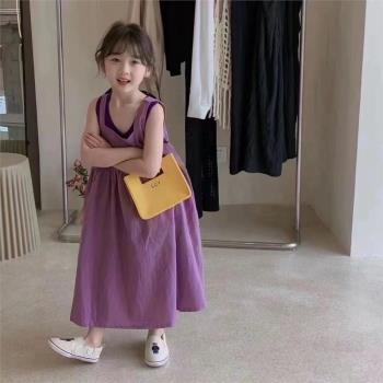 女童夏裝連衣裙韓版兒童洋氣公主裙寶寶小女孩紫色背心吊帶裙套裝