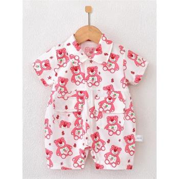 嬰兒連體衣純棉薄款短袖夏季網紅寶寶睡衣爬服新生兒衣服外出哈衣