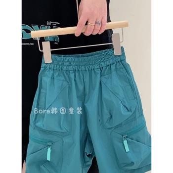 波拉bora韓國童裝男女兒童褲子2024夏季新款中大童藍色潮酷工裝褲