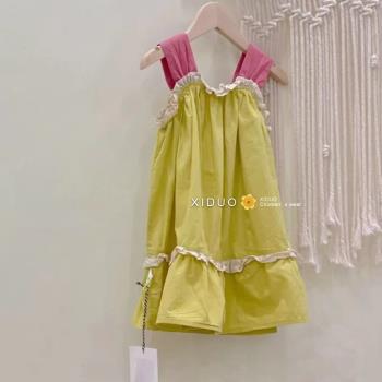 韓國童裝女童連衣裙夏季新款洋氣時尚寬松可愛花邊無袖拼接背帶裙