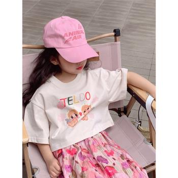 韓國童裝女童短袖T恤2023夏裝兒童寶寶夏季卡通純棉女孩半袖上衣