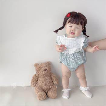韓版ins風夏季女寶寶小碎花短袖哈衣兩件套嬰幼兒甜美包屁衣+圍兜