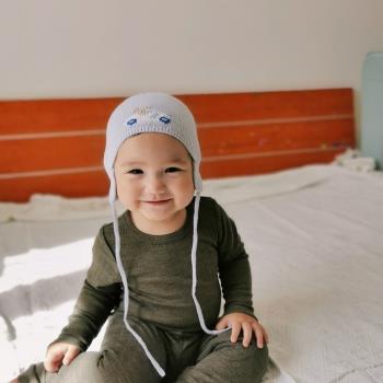 法國男女寶寶混紡洋氣系帶毛線帽