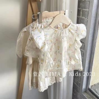 韓系童裝女童田園風時髦套裝夏裝洋氣兒童碎花白色上衣短裙兩件套