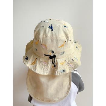 嬰兒防曬帽子夏季刺繡恐龍漁夫帽男寶寶太陽帽薄款透氣兒童遮陽帽