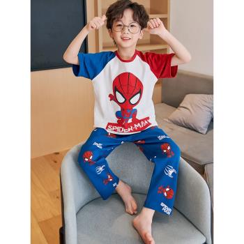 蜘蛛俠兒童睡衣男童夏季純棉薄款短袖長褲13歲男孩寶寶卡通空調服