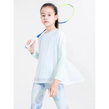 女童長袖T恤假兩件速干飄逸網球上衣運動服時尚2024年春夏新款
