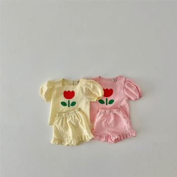 韓版女童夏季衣服嬰幼兒泡泡短袖上衣荷葉邊短褲分體套裝嬰兒薄款