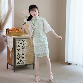 女童旗袍綠色小清新夏季改良中式兒童復古倒大袖小女孩連衣裙洋氣