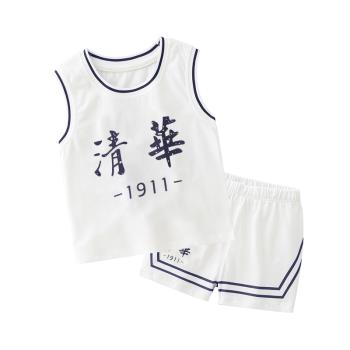 2023清華北大背心套裝t恤男童夏裝無袖一歲寶寶小童夏季嬰兒純棉