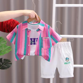 男童格子襯衫套裝夏裝2023夏季寶寶洋氣時髦短袖三件套嬰兒衣服潮