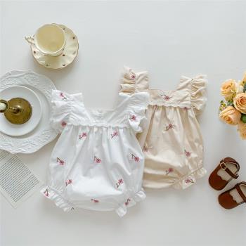 2023夏季嬰幼兒童女寶寶刺繡碎花飛袖包屁哈衣可愛棉連體衣短爬服