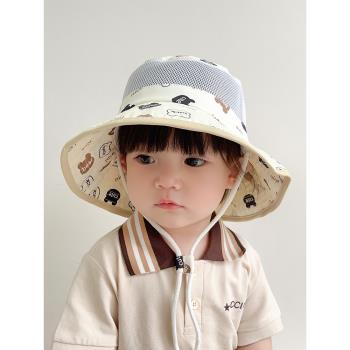 兒童防曬帽子夏季時尚小熊漁夫帽男孩女童大檐網款透氣嬰兒遮陽帽