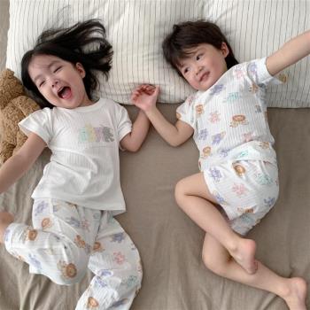 夏男童女童寶寶媽媽親子款小熊印花家居服套裝莫代爾拉架舒適睡衣