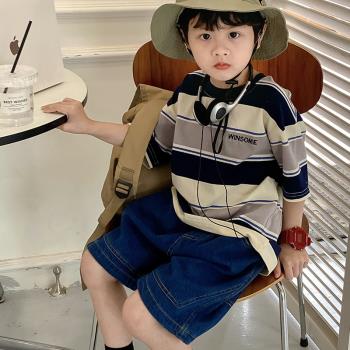 23夏裝韓版韓國男童兒童寶寶童裝上衣短袖刺繡字母寬條紋tT恤潮牌