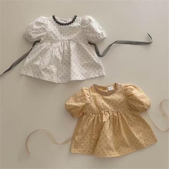ins2023韓版童裝嬰兒夏季圓領女童波點圓點系帶外出洋氣連衣裙