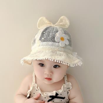 嬰兒帽子夏季蕾絲大檐遮陽女寶寶漁夫帽薄款透氣嬰幼兒防曬公主帽