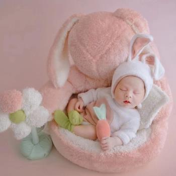 新生兒滿月寶寶粉白兔子針織卡通兔耳朵影樓藝術寫真套裝新款