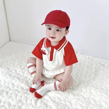 夏季新款韓版男女嬰童寶寶休閑運動風翻領紅白拼接卡通立體包屁衣