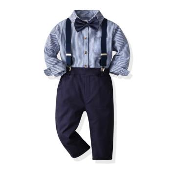 兒童紳士套裝春秋季英倫風男童條紋襯衫背帶褲兩件套寶寶周歲禮服