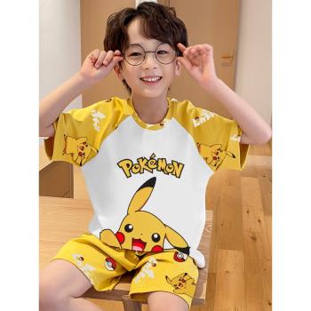純棉男童睡衣夏寶寶寶可夢短袖兒童青少年中大童皮卡丘家居服套裝