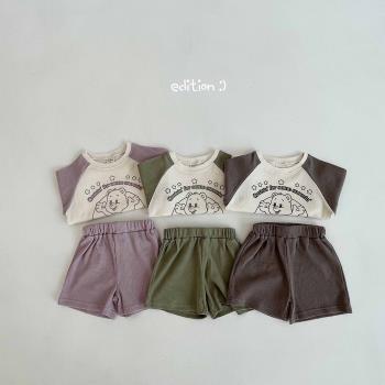 韓版夏季男女寶寶運動休閑卡通套裝兒童華夫格短袖T恤短褲兩件套