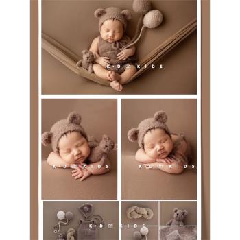 2023新生嬰幼兒滿月照寶寶小熊帽主題套裝卡通攝影道具衣服針織毯