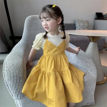 小女孩連衣裙2023夏裝新款女童韓版洋氣假兩件寶寶夏季短袖公主裙