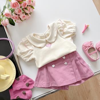 夏季韓版甜美女寶寶套裝可愛娃娃領洋氣短袖上衣粉色裙褲嬰兒夏裝