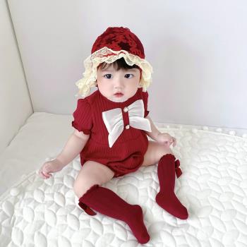 夏季女寶寶紅色純棉嬰兒連體衣新生兒哈衣寶寶超萌爬服嬰兒包屁衣
