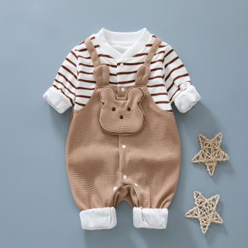 新生嬰兒衣服春秋外套裝純棉雙層連體衣幼兒寶寶秋季可愛哈衣爬服