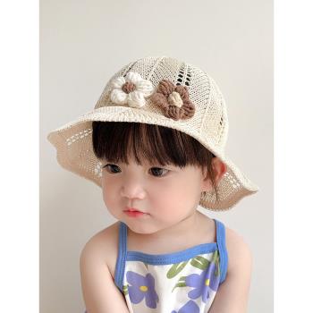 小花棉線草帽女寶寶夏季洋氣嬰兒遮陽帽子鏤空透氣女童防曬太陽帽