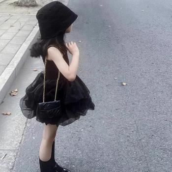 女童洋氣連衣裙兒童黑色禮服裙小女孩吊帶公主裙女寶寶小黑裙夏裝