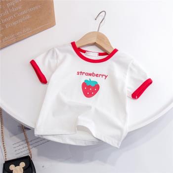 女童夏裝短袖t恤2023新款兒童草莓印花上衣寶寶純棉洋氣韓版T恤潮