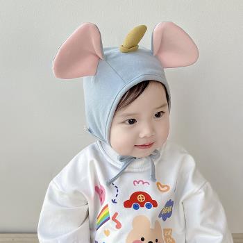 超萌純棉卡通春季系帶嬰兒帽子