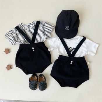 韓版同款嬰兒短袖套裝夏季洋氣男女寶寶背帶大pp短褲休閑兩件套潮