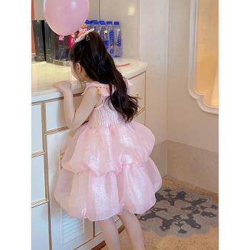 夏季兒童吊帶寶寶粉色生日連衣裙