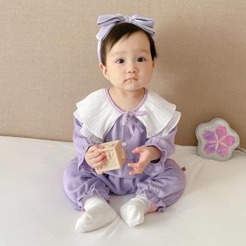 滿月嬰兒衣服春秋套裝女寶寶公主連體衣純棉03-6個月百天幼兒哈衣