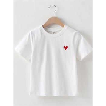 愛心刺繡圓領洋氣短袖白色T恤