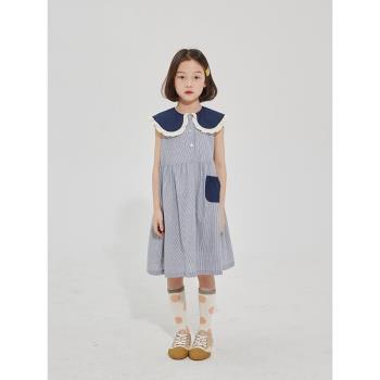 女童連衣裙夏裝新款2023兒童藍色條紋純棉甜美花邊領洋氣無袖裙