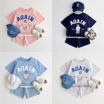 韓版夏季男女寶寶簡約潮搭棉卡通短袖兩件套嬰幼童短袖+短褲套裝