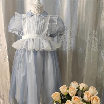 愛麗絲漫游奇境公主裙2023新款女童高端藍色泡泡袖禮服女仆洋氣裙
