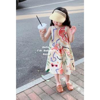 韓國童裝2023春季韓版女童森系印無袖背心裙兒童連衣裙寶寶棉布裙