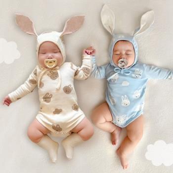 韓版23春款新生嬰兒可愛兔子耳朵長袖男女寶寶包屁哈衣爬服套裝