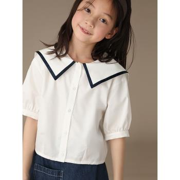 童裝2023夏季新款女童海軍領白色純棉短袖開扣襯衫學院風襯衣氣質