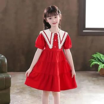 童裝夏季洋氣女孩紅色連衣裙