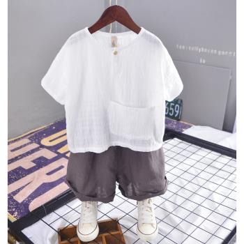 韓國復古男童夏裝短袖T恤韓版寬松寶寶棉麻上衣亞麻兒童套裝小童